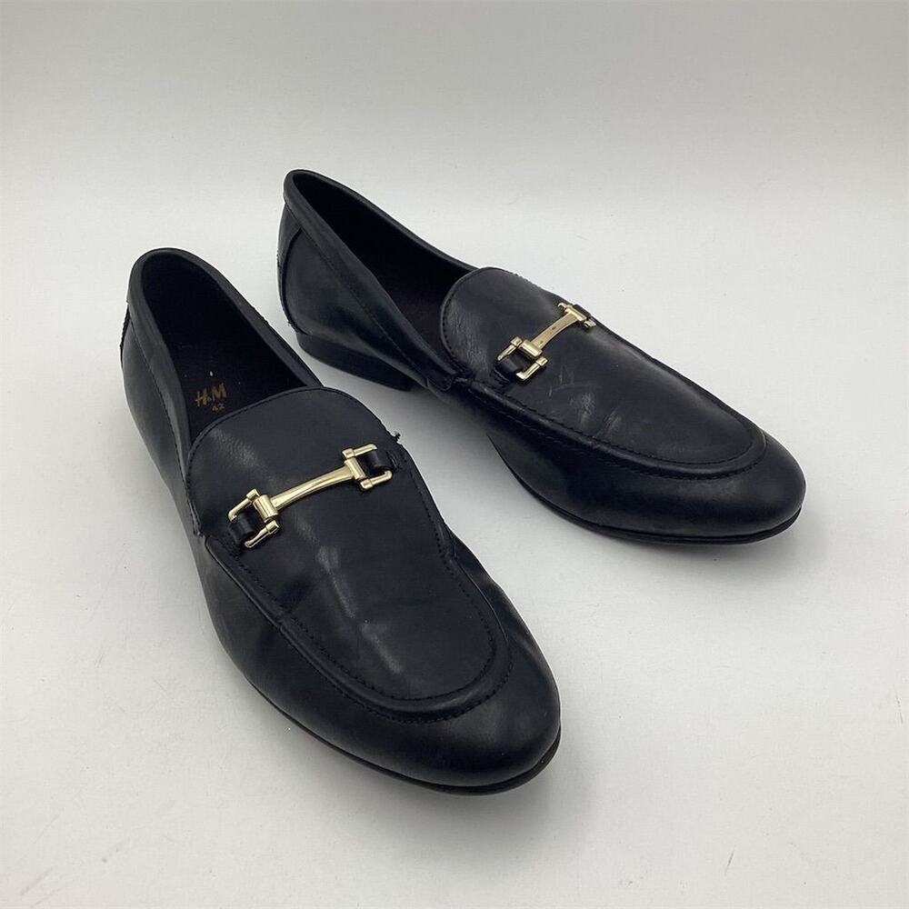 H&M Unisex Black Leather Loafers Gold Accent Size‎ 42
